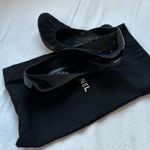 Chanel - black round toe suede elastic ballet flats. Custom sole protector 39.5